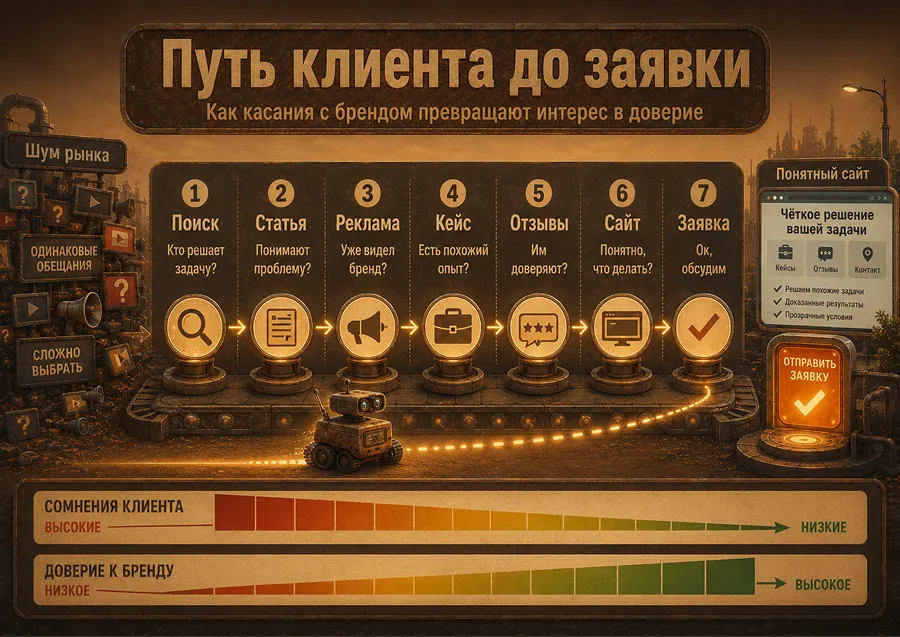 Путь клиента к заявке через поиск, рекламу, контент, кейсы, отзывы и сайт
